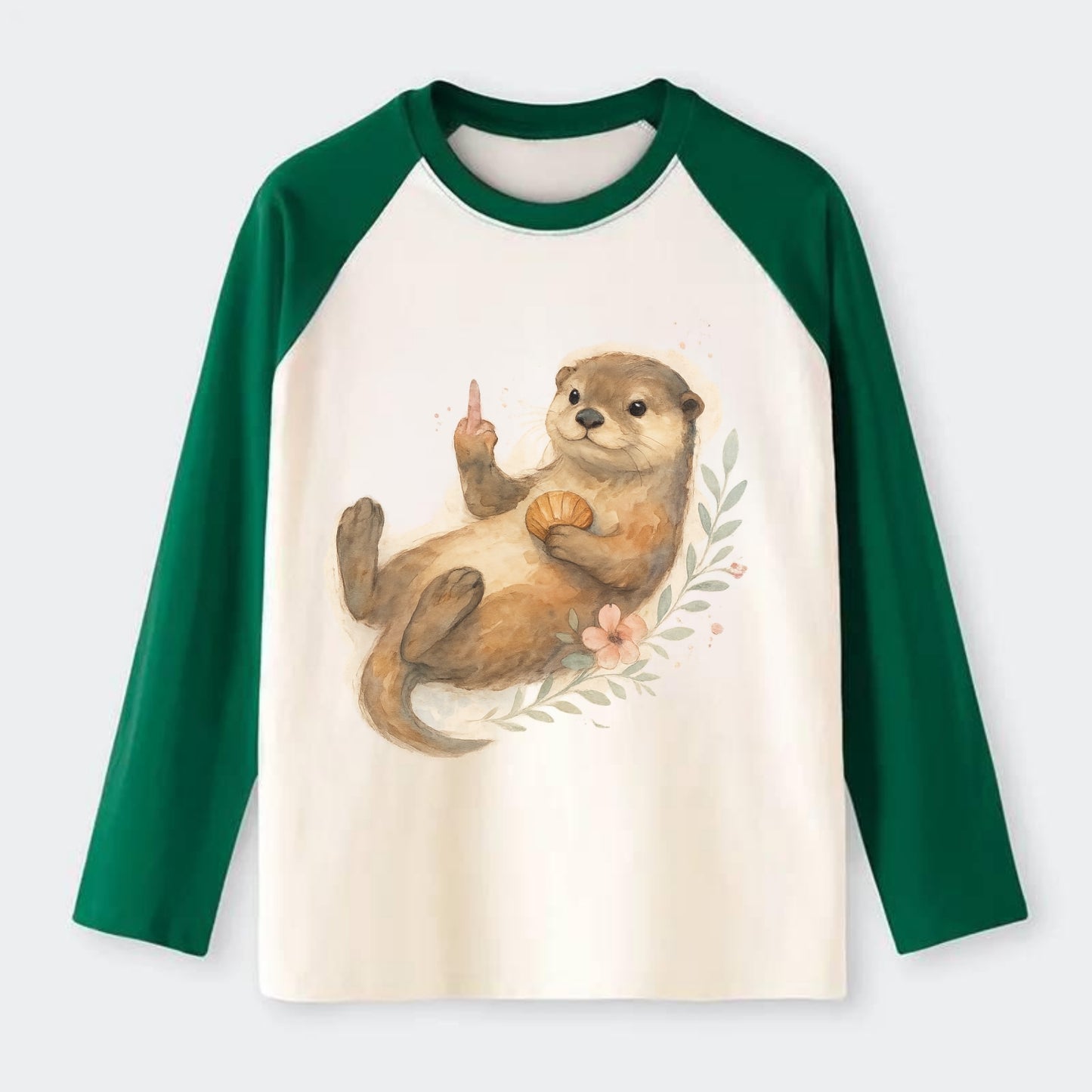 adorable otter floating on back, middle finger up while holding a - Raglan Long Sleeve T-Shirt - Green