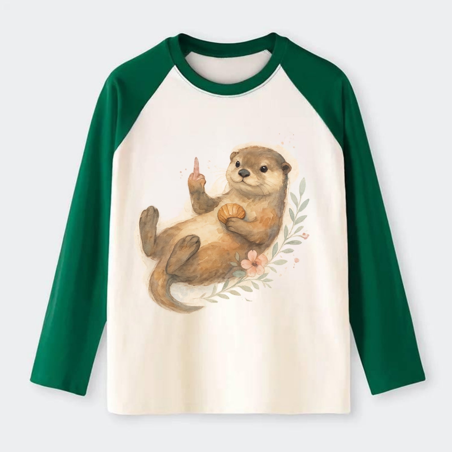 adorable otter floating on back, middle finger up while holding a - Raglan Long Sleeve T-Shirt - Green