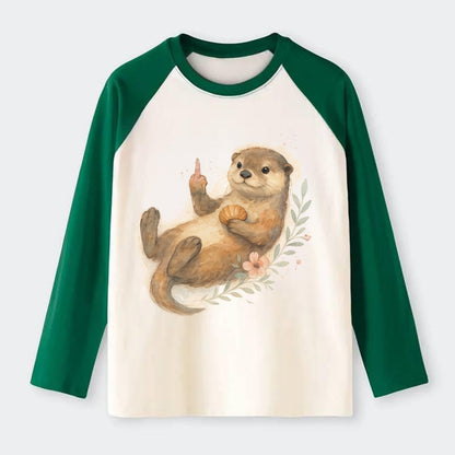 adorable otter floating on back, middle finger up while holding a - Raglan Long Sleeve T-Shirt - Green