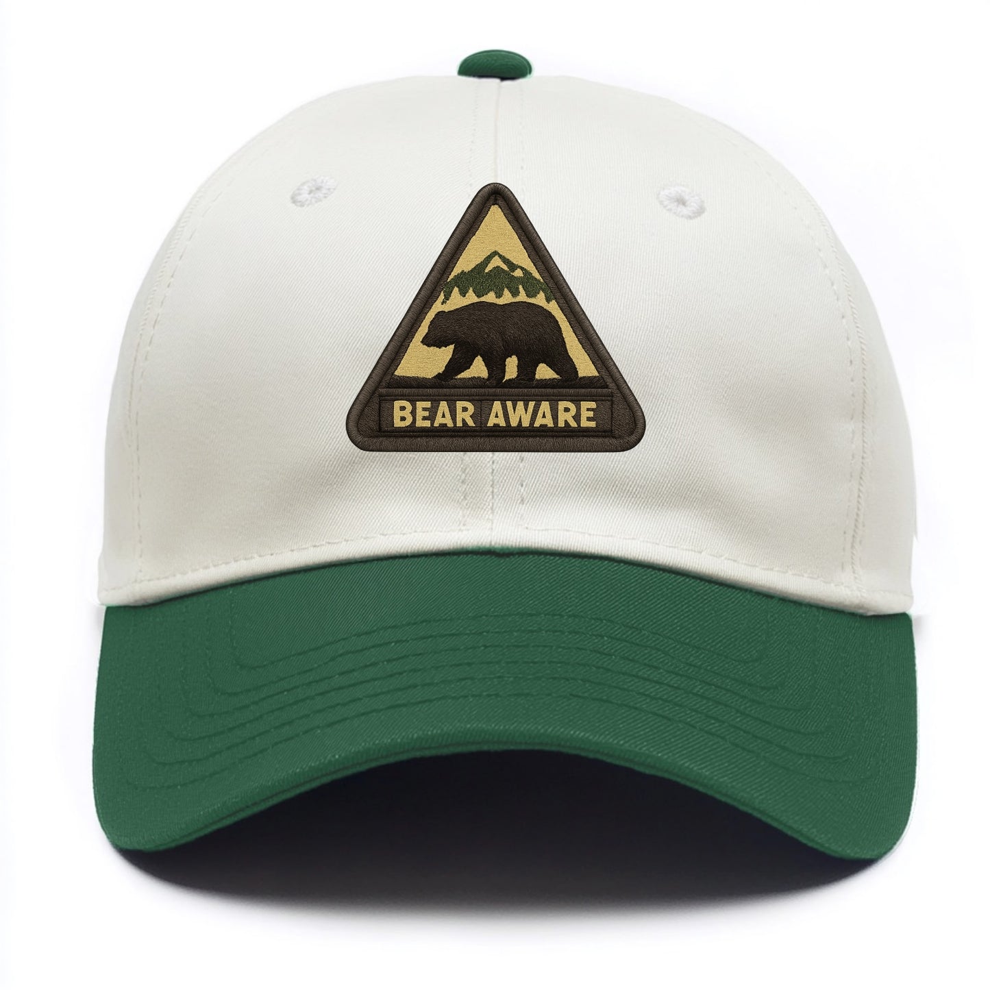 BEAR AWARE - bear silhouette warning in brown and yellow , wilderness safety - Two Tone Cap - Green