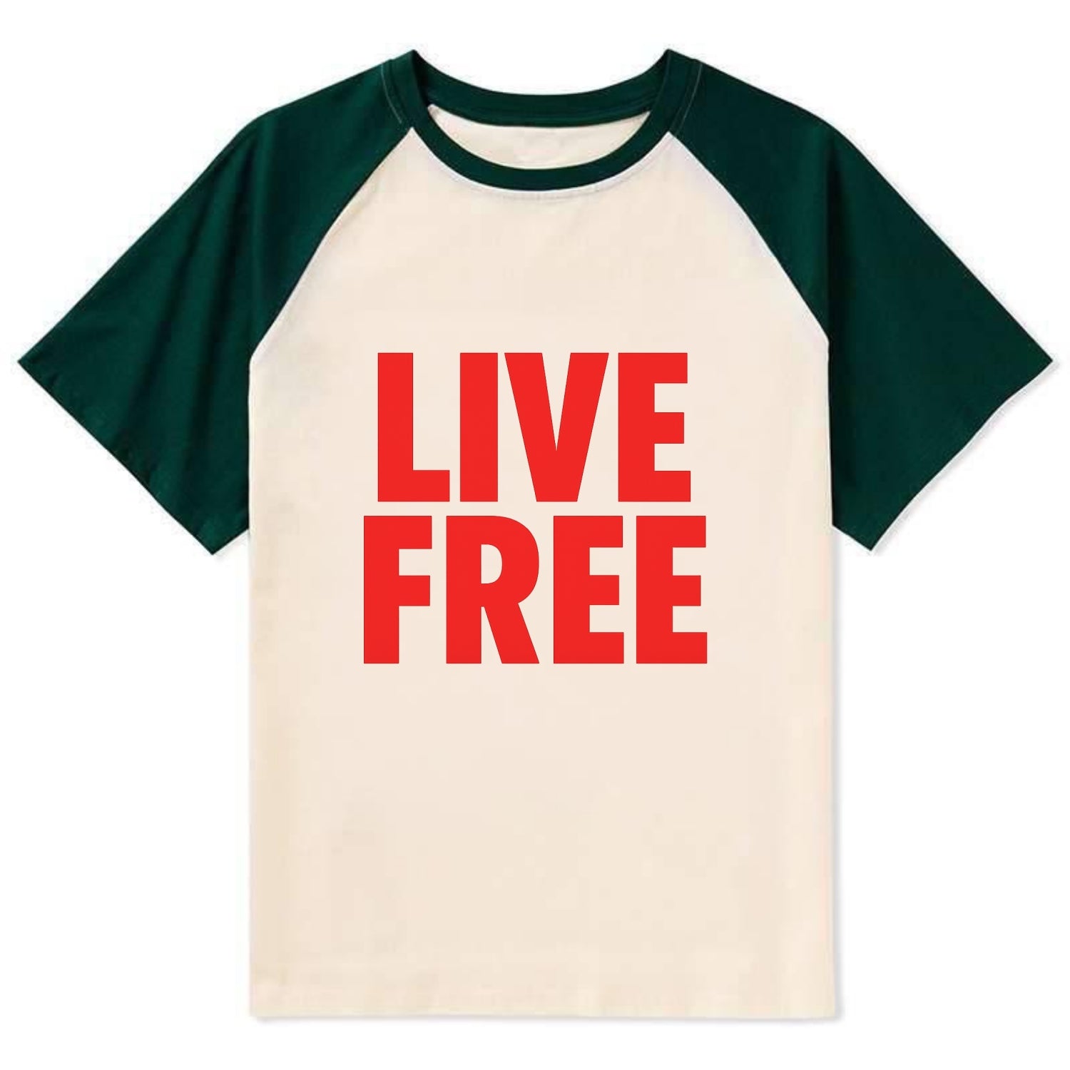 Bold typography design - "LIVE FREE" - unrestricted living - Contrast Raglan T-shirt - Green