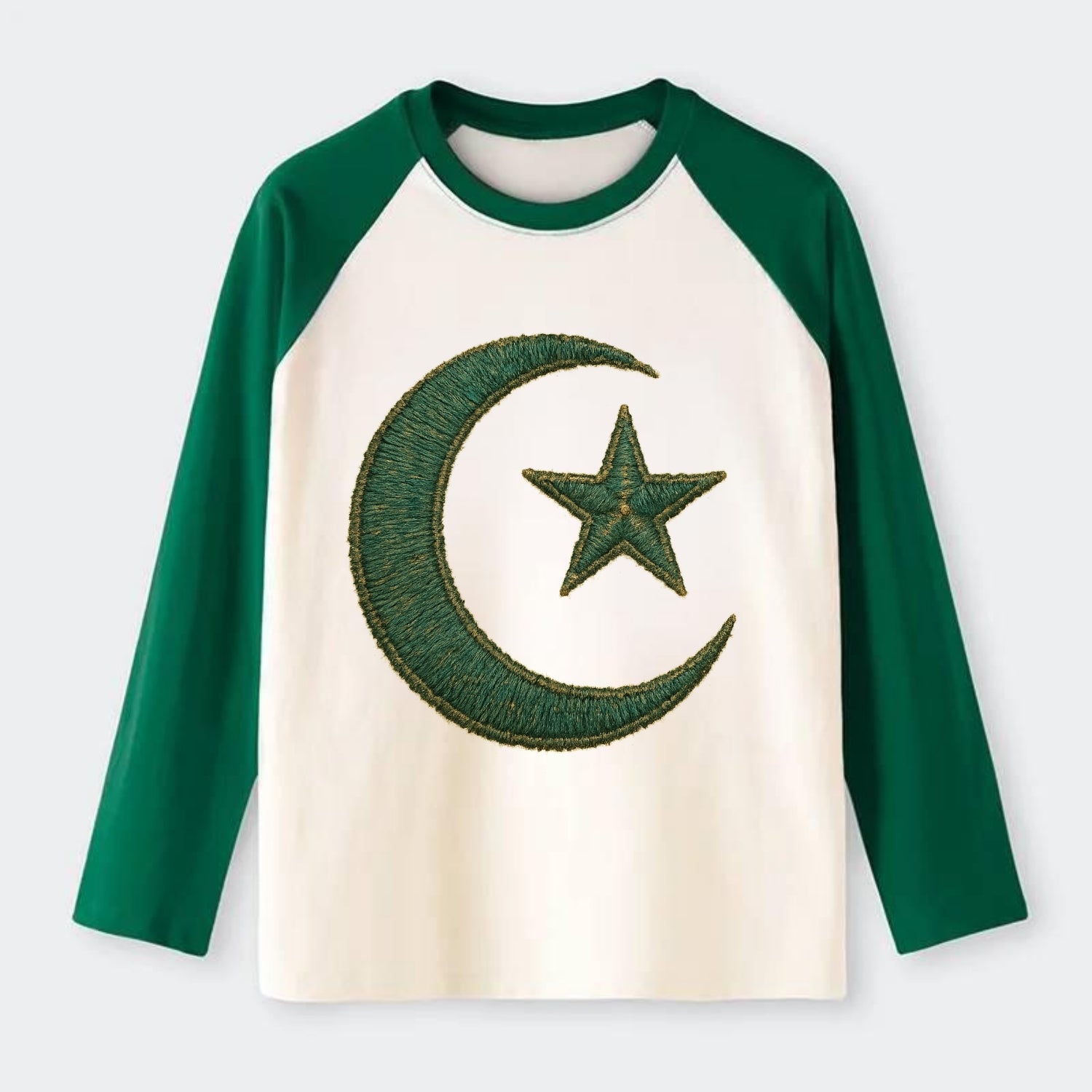 Crescent Moon and Star - Raglan Long Sleeve T-Shirt - Green