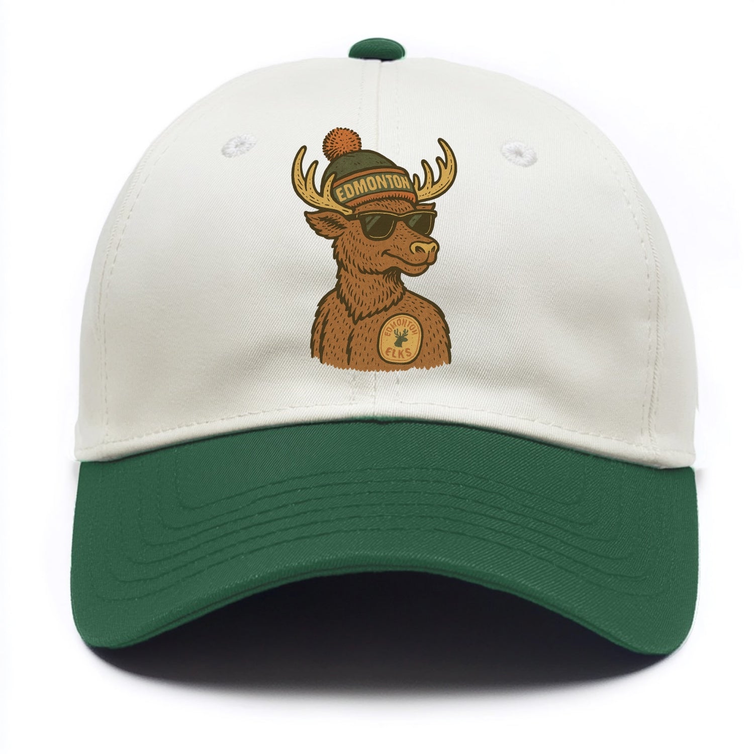Edmonton Elk wearing Edmonton beanie with pom pom and wayfarer sunglasses - Two Tone Cap - Green