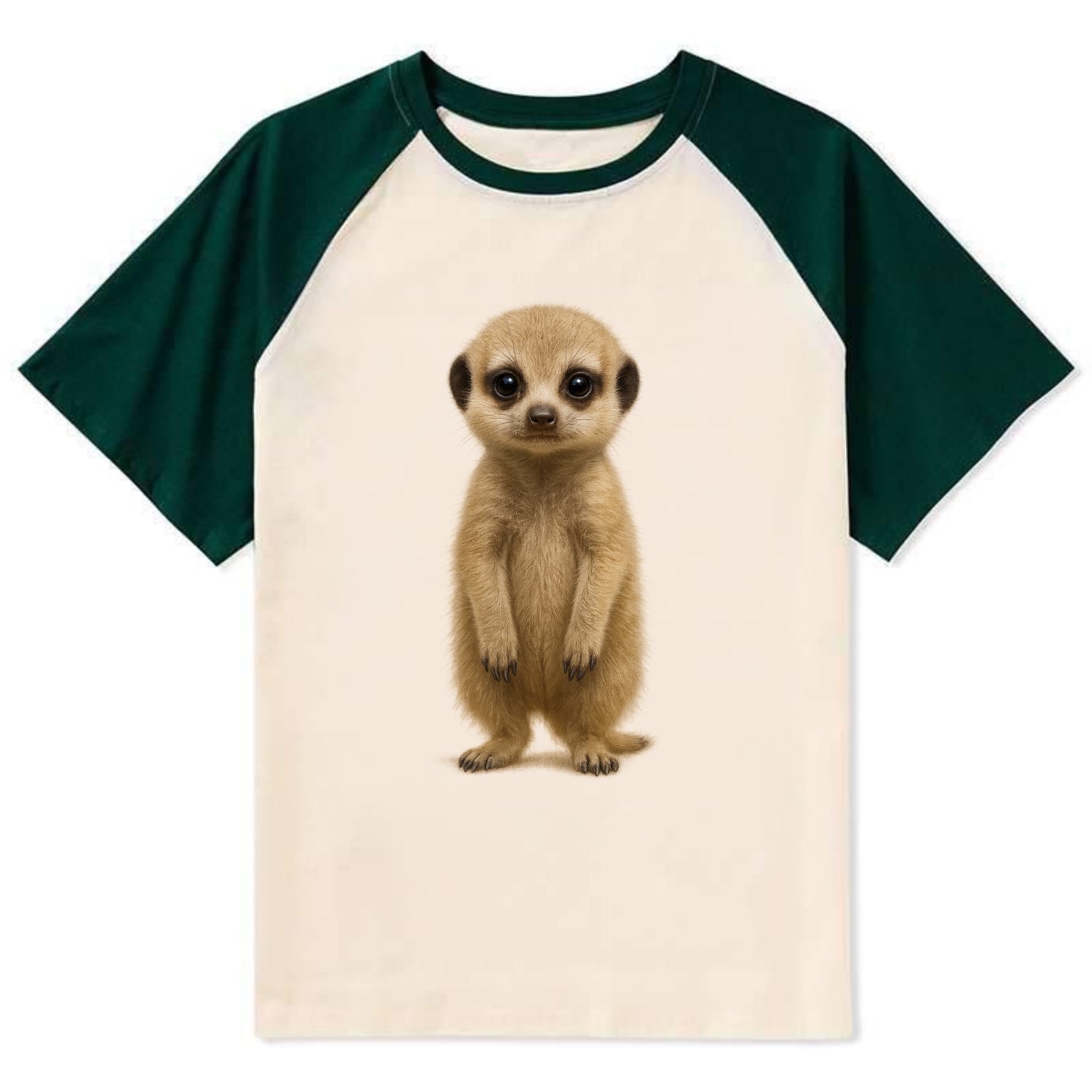Baby Meerkat - tan fur, dark eye patches, alert stance, bright eyes, - Contrast Raglan T-shirt - Green