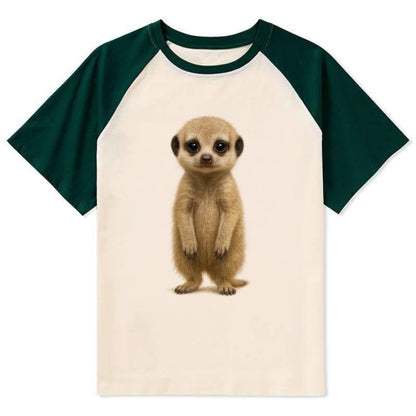 Baby Meerkat - tan fur, dark eye patches, alert stance, bright eyes, - Contrast Raglan T-shirt - Green
