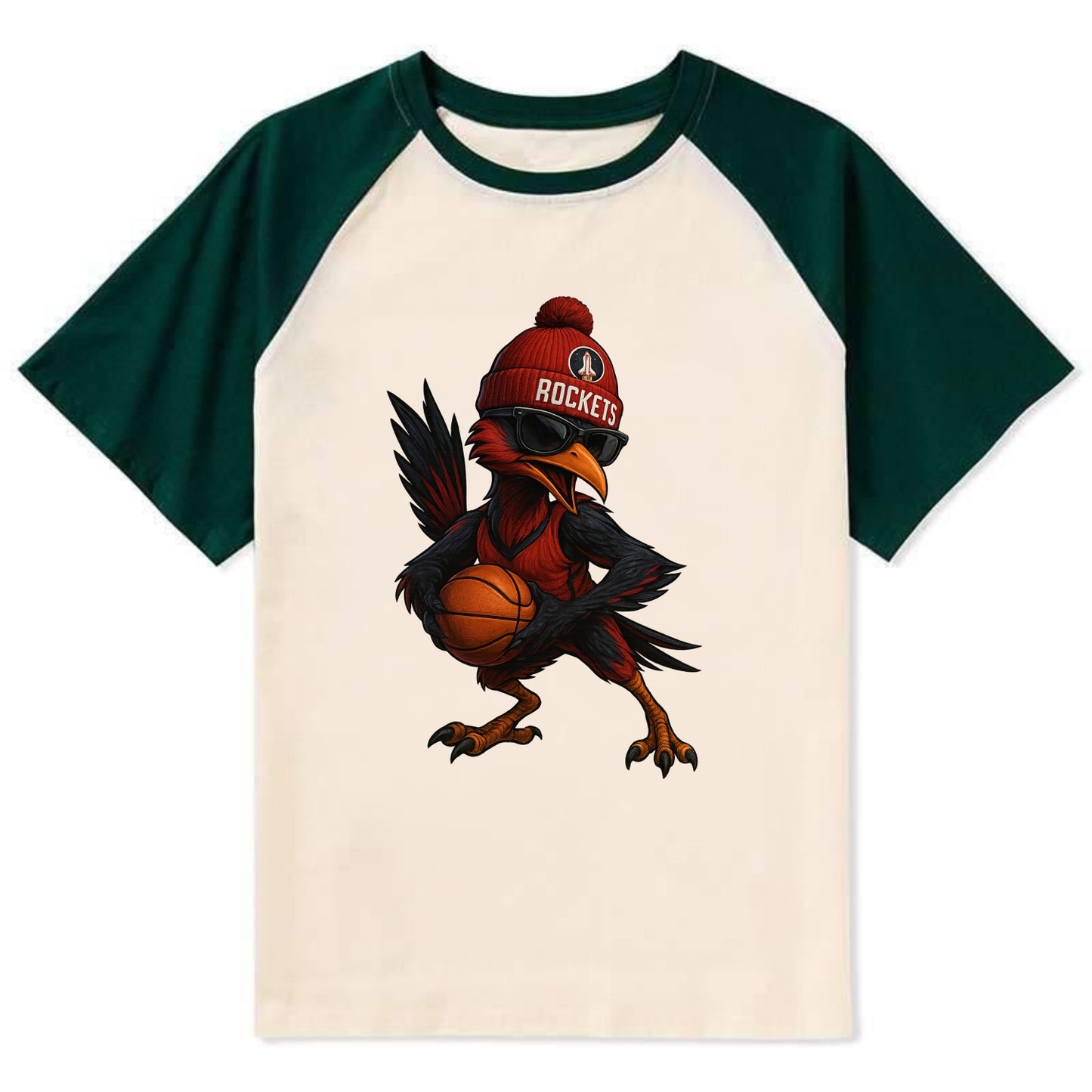 Houston Roadrunner wearing Rockets beanie with launch pad patch and - Contrast Raglan T-shirt - Green