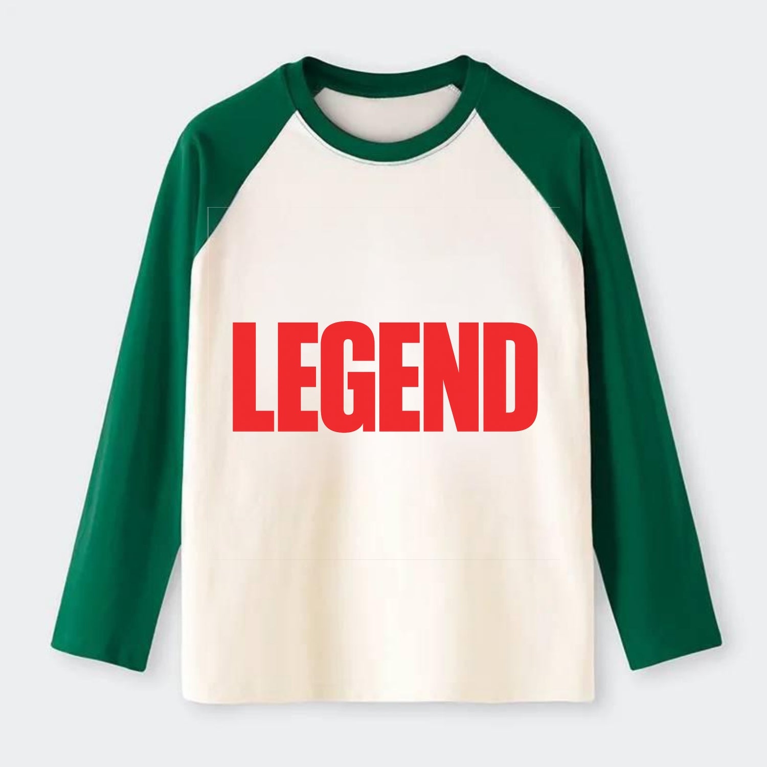 Bold typography design - "LEGEND" - remarkable person, iconic status - Raglan Long Sleeve T-Shirt - Green