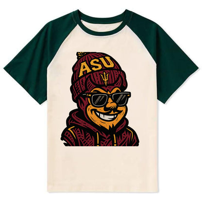 Tempe Sparky wearing Arizona State beanie with fork patch - Contrast Raglan T-shirt - Green