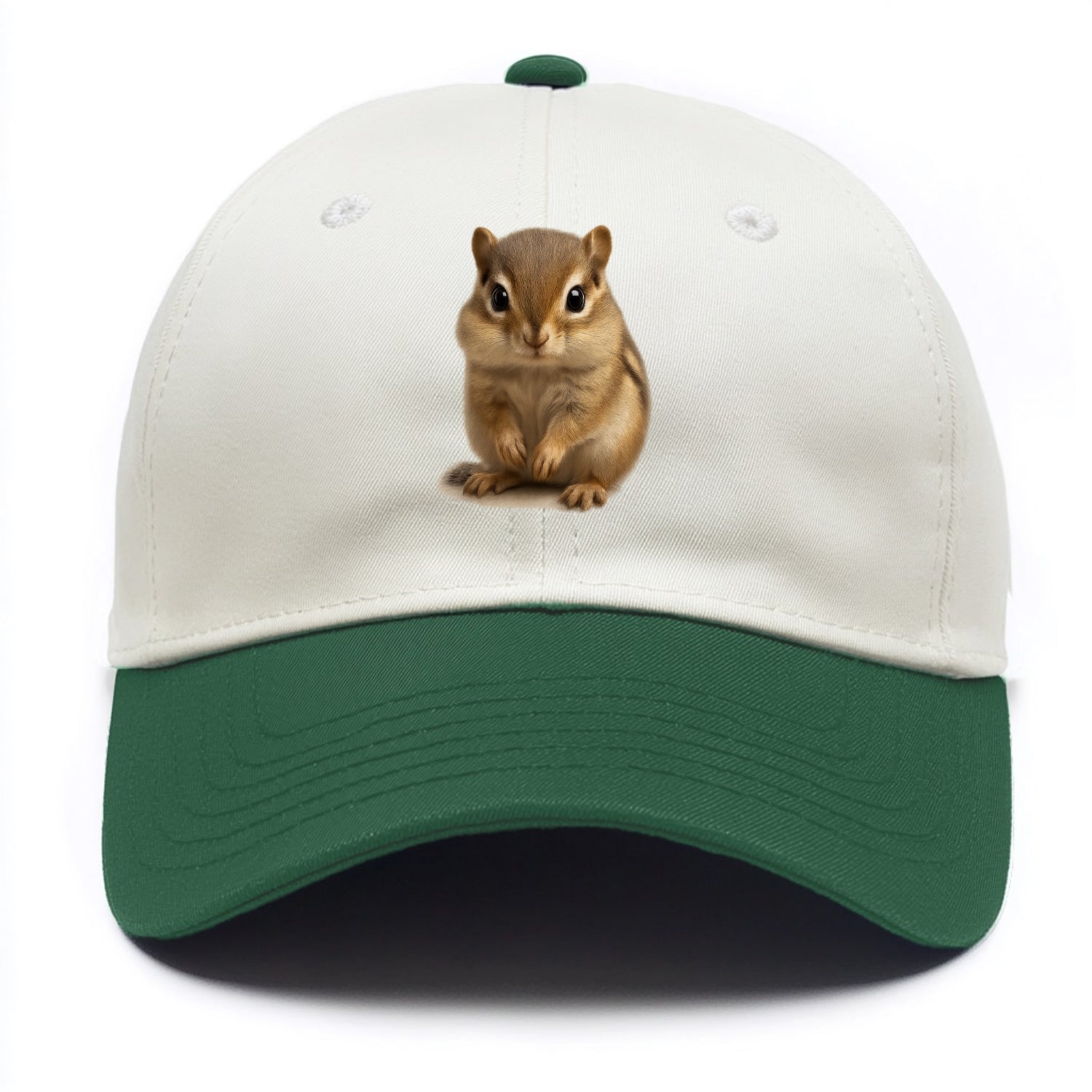 Baby Chipmunk - striped back, cheek pouches, tiny paws, bright eyes, front-facing, - Two Tone Cap - Green