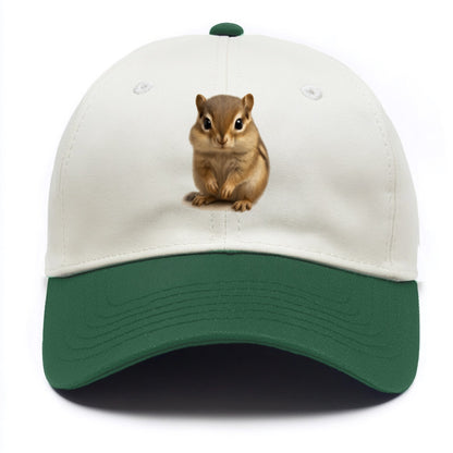 Baby Chipmunk - striped back, cheek pouches, tiny paws, bright eyes, front-facing, - Two Tone Cap - Green