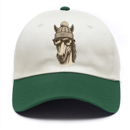 Kentucky Thoroughbred Horse wearing Louisville beanie with pom pom and wayfarer - Two Tone Cap - Green