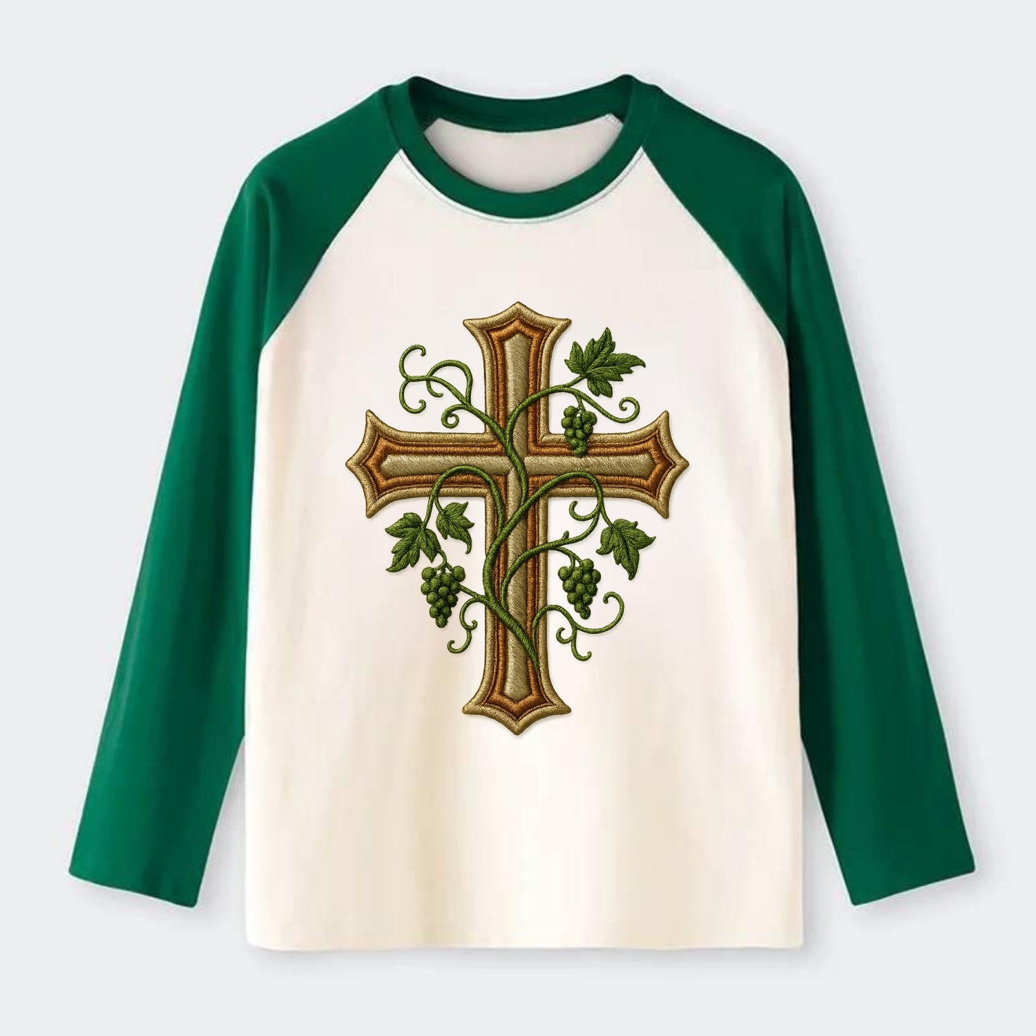 Vine Cross  - Raglan Long Sleeve T-Shirt - Green