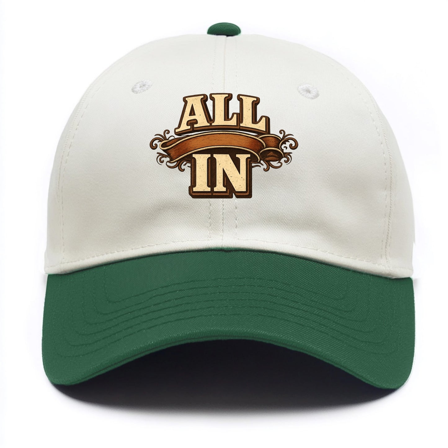 Bold typography design - "ALL IN" - complete commitment, no holding back - Two Tone Cap - Green