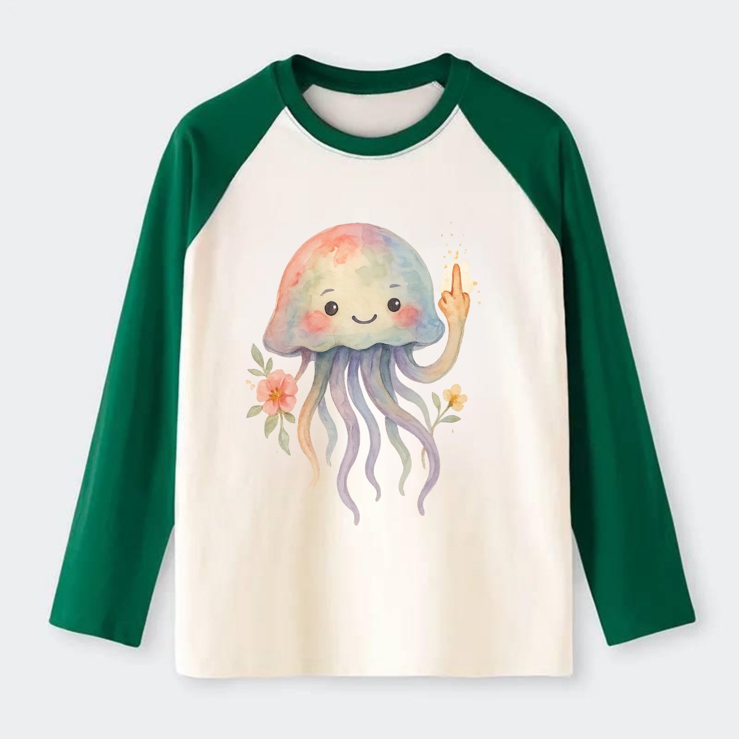 jellyfish with kawaii face and tentacles, one tentacle pointing up - Raglan Long Sleeve T-Shirt - Green