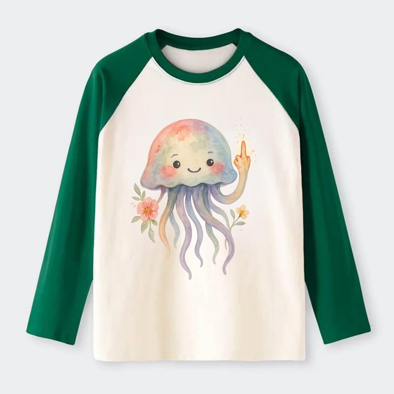 jellyfish with kawaii face and tentacles, one tentacle pointing up - Raglan Long Sleeve T-Shirt - Green