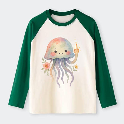 jellyfish with kawaii face and tentacles, one tentacle pointing up - Raglan Long Sleeve T-Shirt - Green