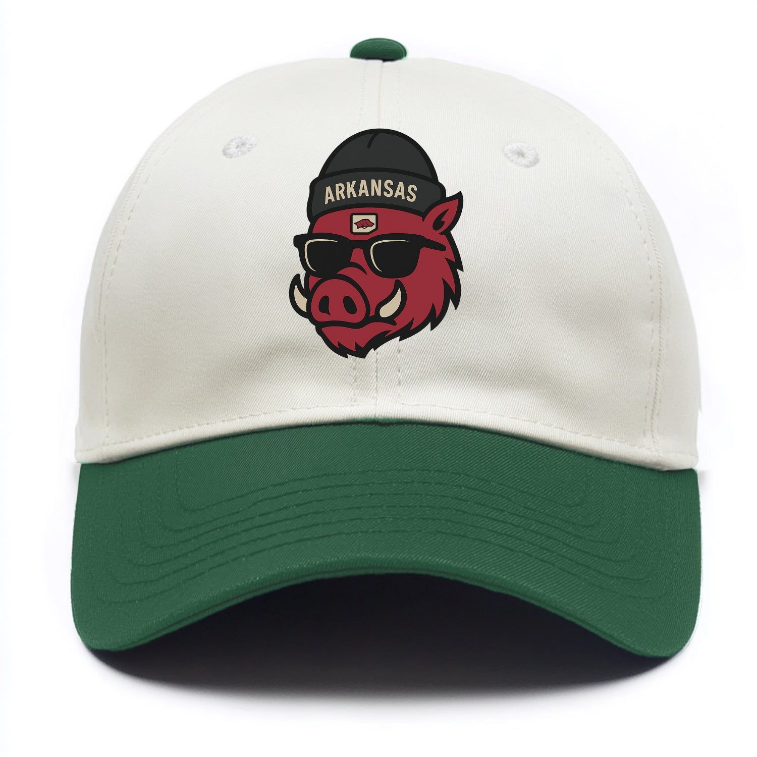 Fayetteville Razorback wearing Arkansas beanie with hog patch - Two Tone Cap - Green