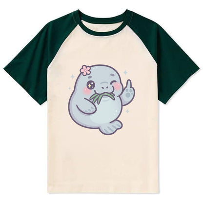 chubby manatee munching on seagrass, one flipper raised with sass - Contrast Raglan T-shirt - Green