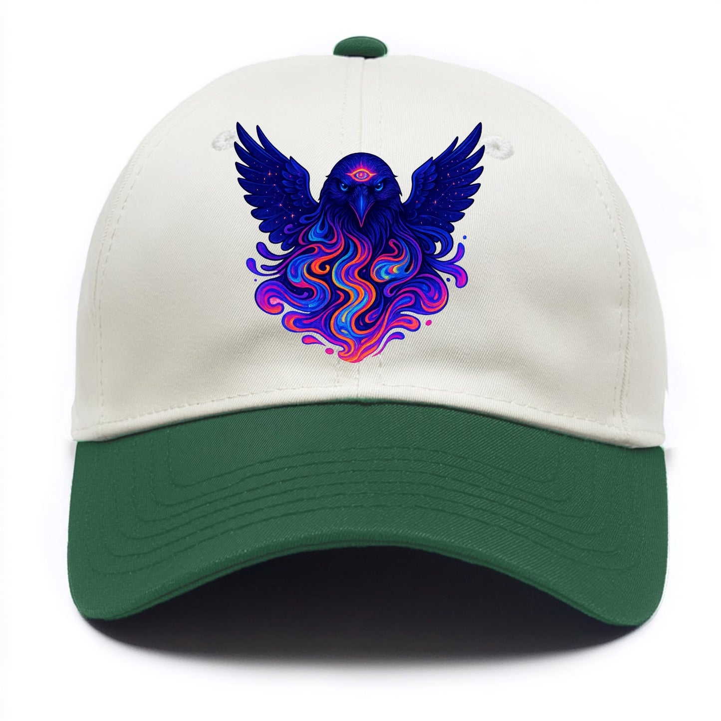 Mysterious raven with feathers showing future visions in neon colors, wings spread - Two Tone Cap - Green