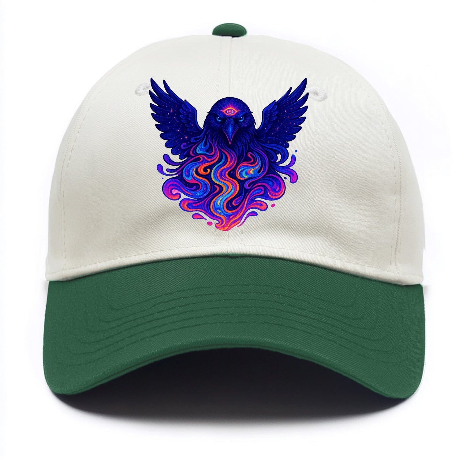 Mysterious raven with feathers showing future visions in neon colors, wings spread - Two Tone Cap - Green