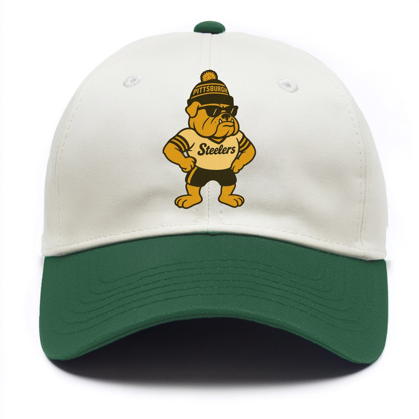 Pittsburgh Bulldog wearing Steelers black and gold beanie with pom pom and wayfarer - Two Tone Cap - Green