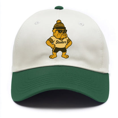 Pittsburgh Bulldog wearing Steelers black and gold beanie with pom pom and wayfarer - Two Tone Cap - Green