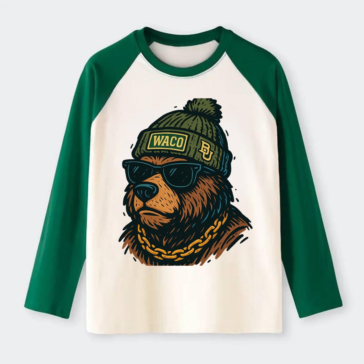 Waco Bear wearing Baylor beanie with BU patch - Raglan Long Sleeve T-Shirt - Green