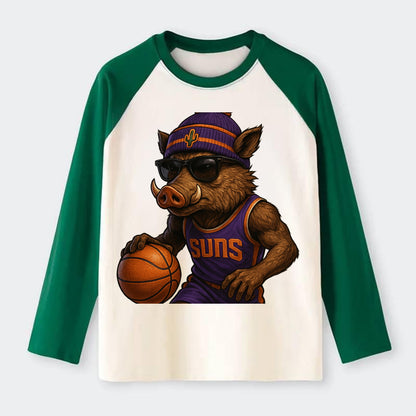 Phoenix Javelina wearing Suns beanie with cactus patch and wayfarer - Raglan Long Sleeve T-Shirt - Green