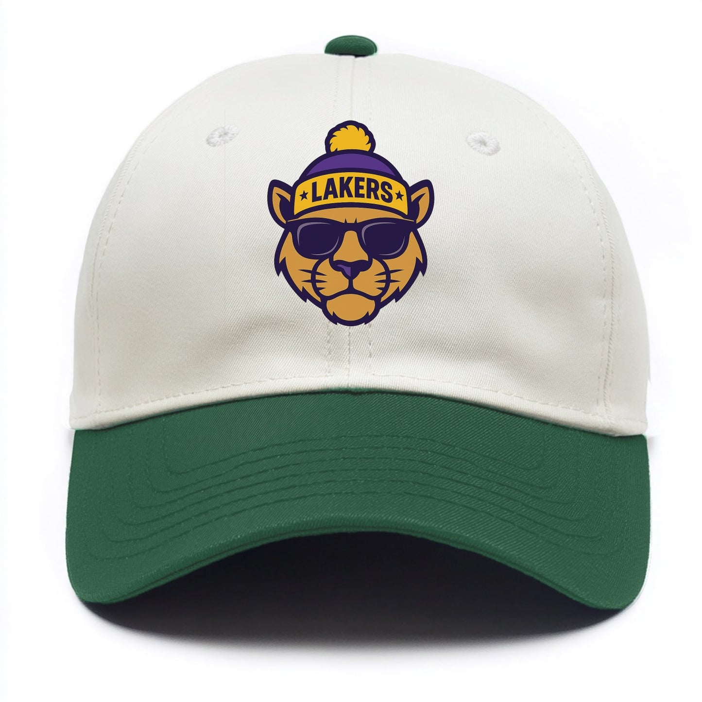 LA Mountain Lion wearing Lakers purple and gold beanie with championship stars and - Two Tone Cap - Green
