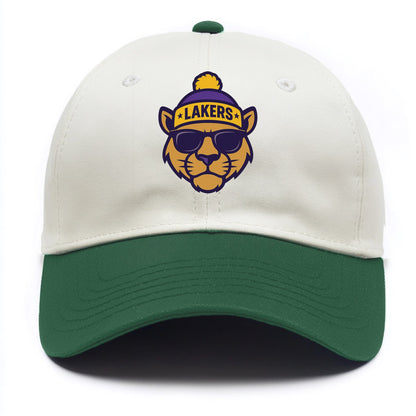 LA Mountain Lion wearing Lakers purple and gold beanie with championship stars and - Two Tone Cap - Green