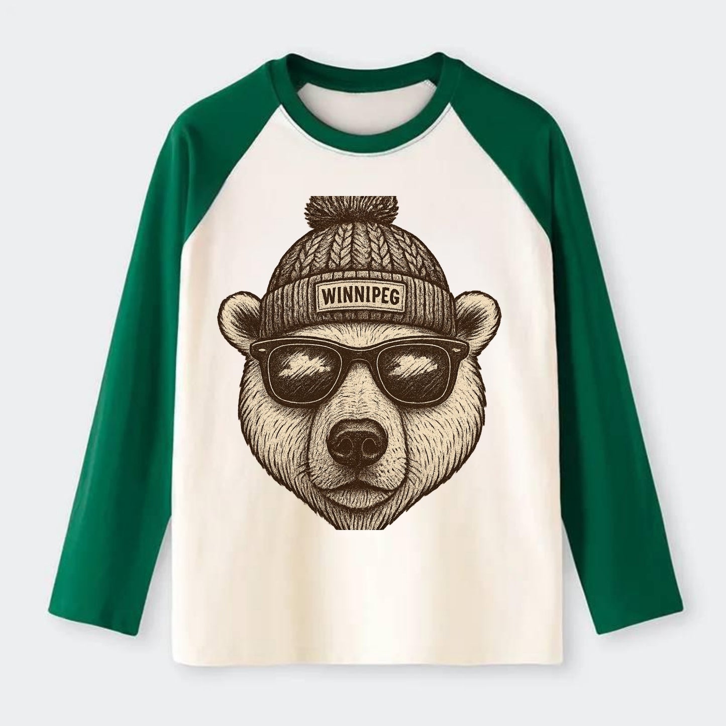 Winnipeg Polar Bear wearing Winnipeg beanie with pom pom and wayfarer - Raglan Long Sleeve T-Shirt - Green