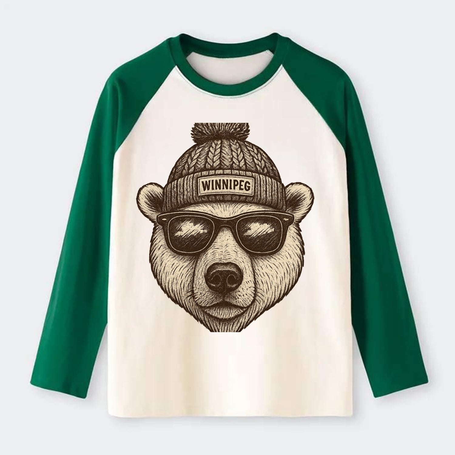 Winnipeg Polar Bear wearing Winnipeg beanie with pom pom and wayfarer - Raglan Long Sleeve T-Shirt - Green