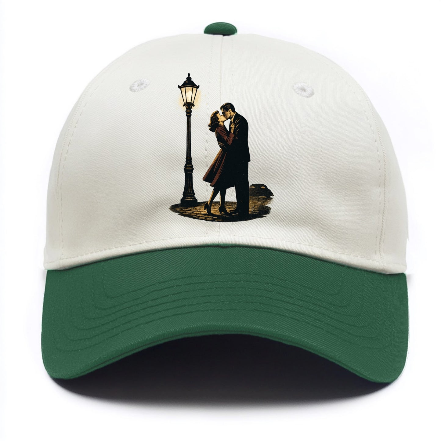 first kiss under vintage street lamp on cobblestone at night - Two Tone Cap - Green