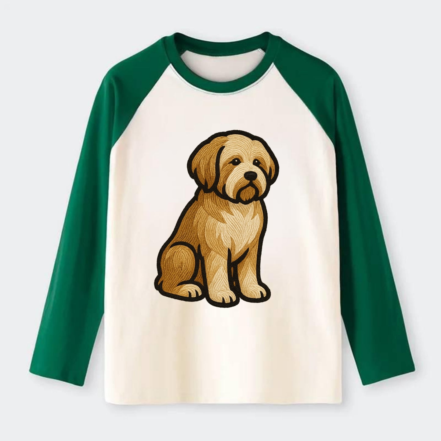 Tibetan Terrier - Gold and white embroidered sitting pose - Raglan Long Sleeve T-Shirt - Green
