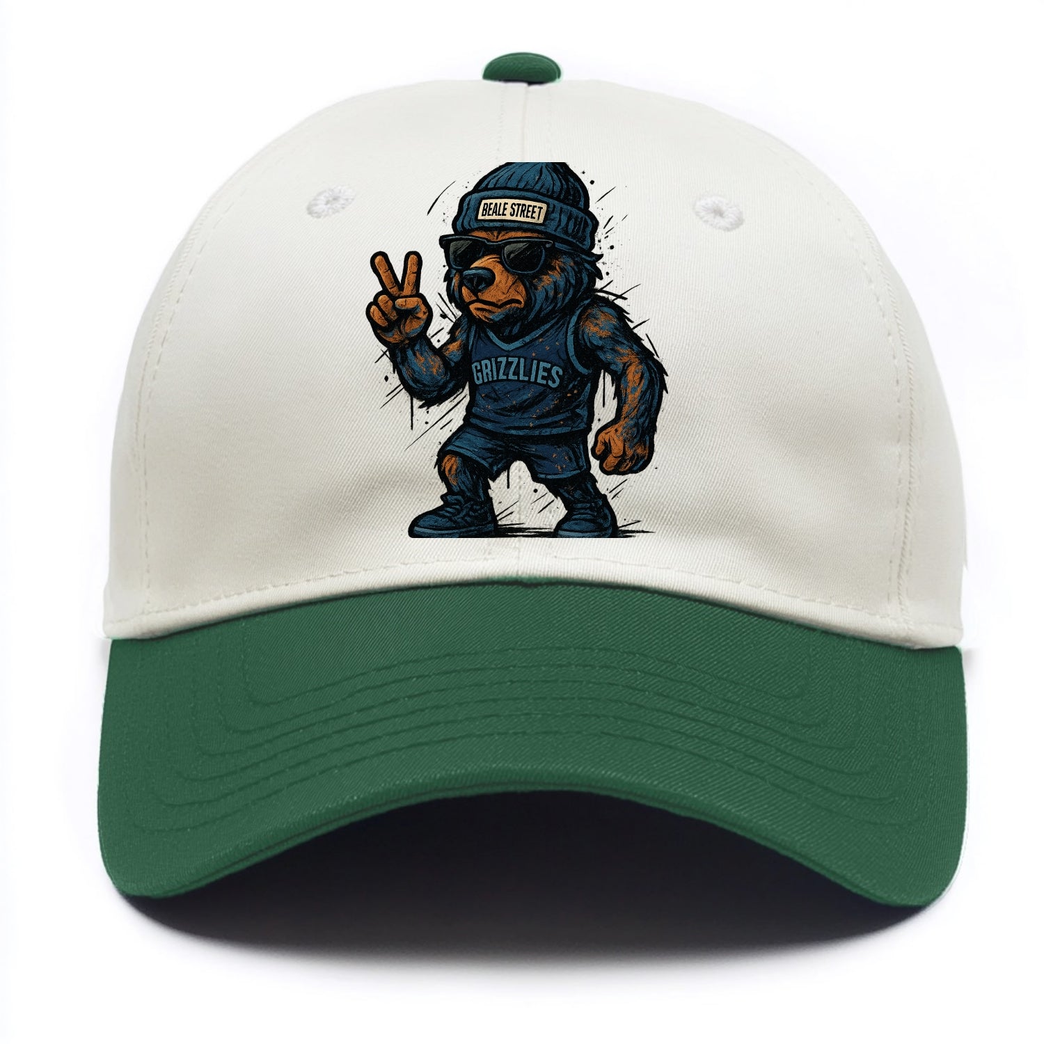Memphis Grizzly Bear wearing Grizzlies navy and light blue beanie with Beale Street - Two Tone Cap - Green