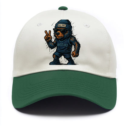 Memphis Grizzly Bear wearing Grizzlies navy and light blue beanie with Beale Street - Two Tone Cap - Green