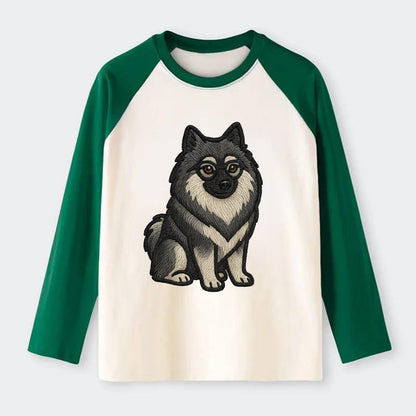 Keeshond - Gray and black spectacles embroidered design - Raglan Long Sleeve T-Shirt - Green
