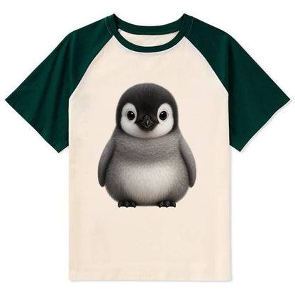 Baby Adelie Penguin - black and white, round body, curious eyes, - Contrast Raglan T-shirt - Green