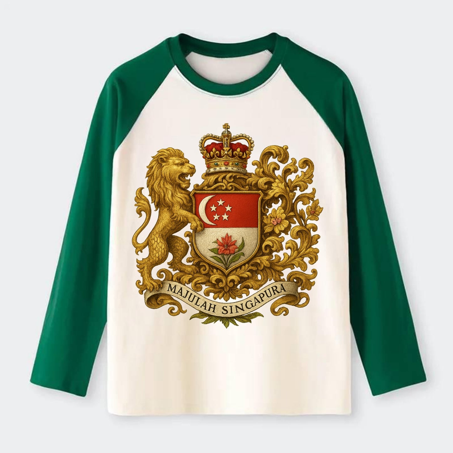 Singapore Merlion Emblem - Raglan Long Sleeve T-Shirt - Green