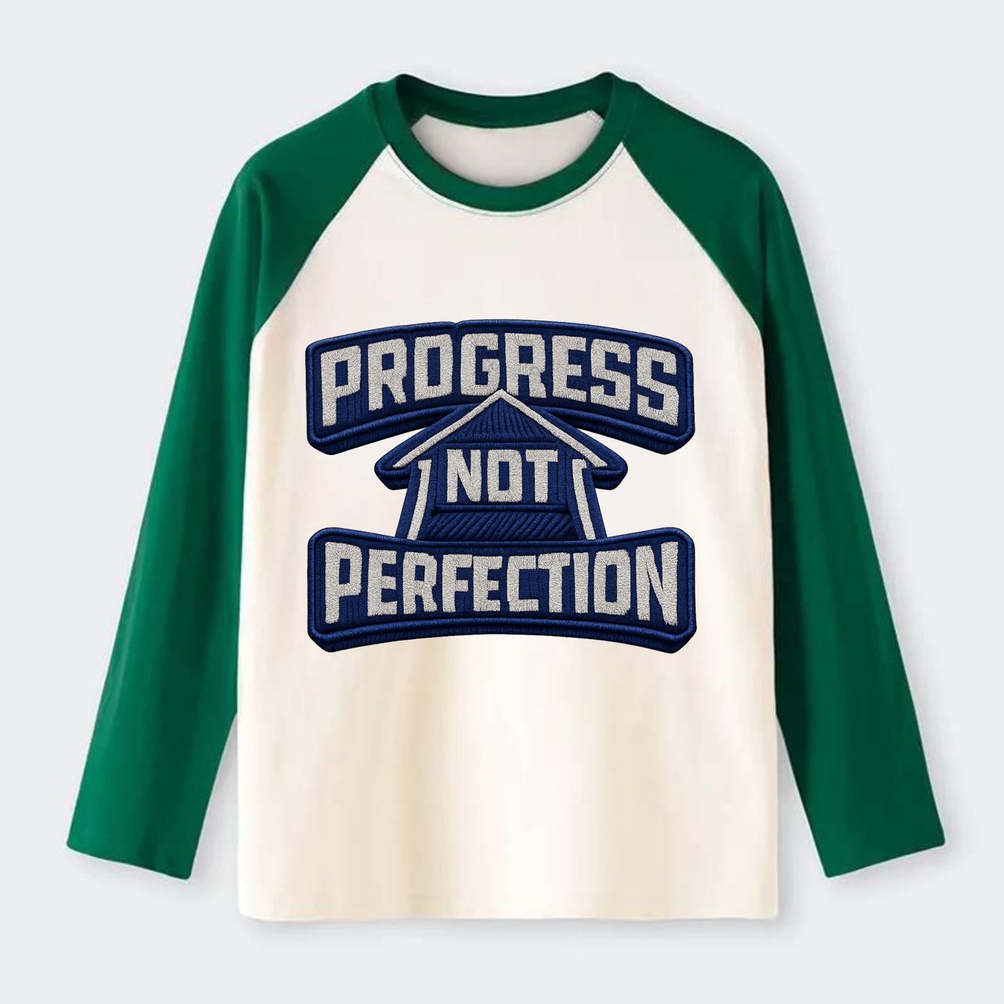 PROGRESS NOT PERFECTION - arrow with text in blue , growth mindset - Raglan Long Sleeve T-Shirt - Green