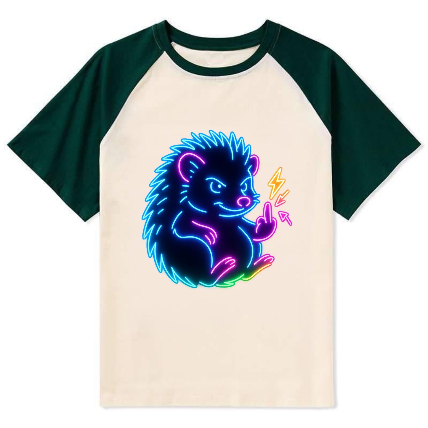 tiny hedgehog curled up slightly, one little paw raised flipping the bird - Contrast Raglan T-shirt - Green