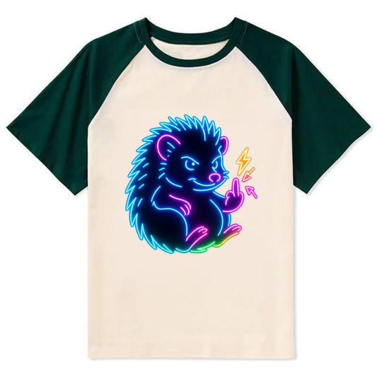 tiny hedgehog curled up slightly, one little paw raised flipping the bird - Contrast Raglan T-shirt - Green