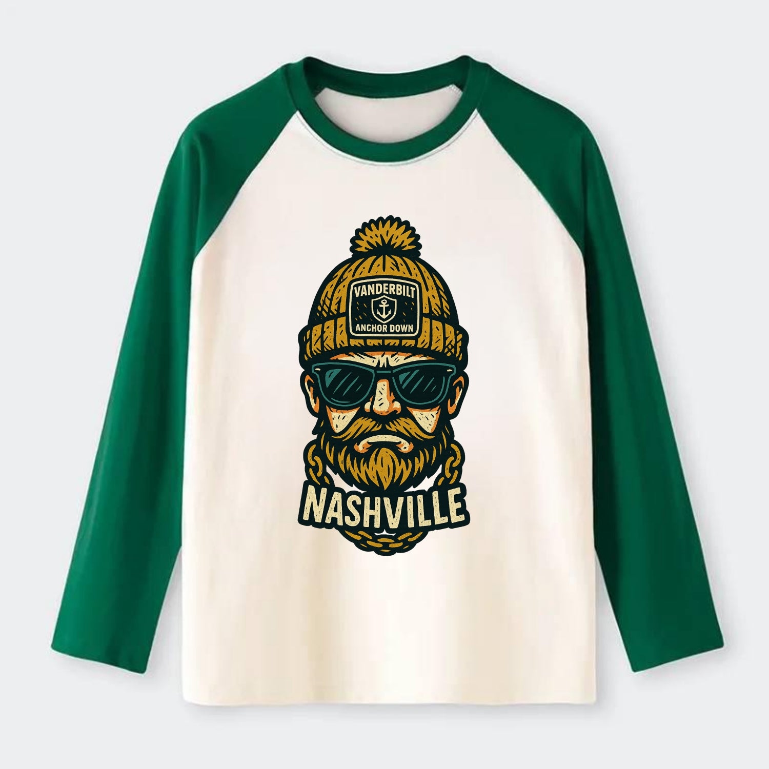 Nashville Commodore wearing Vanderbilt beanie with anchor patch - Raglan Long Sleeve T-Shirt - Green