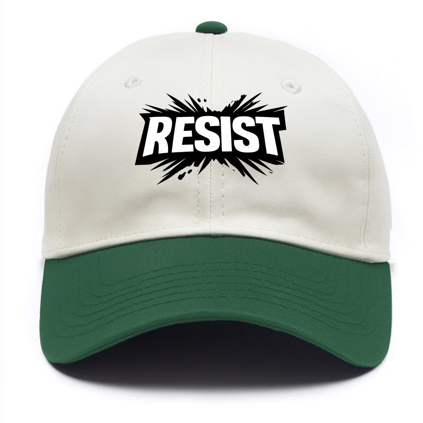 Bold typography design - "RESIST" - fighting back, standing against - Two Tone Cap - Green