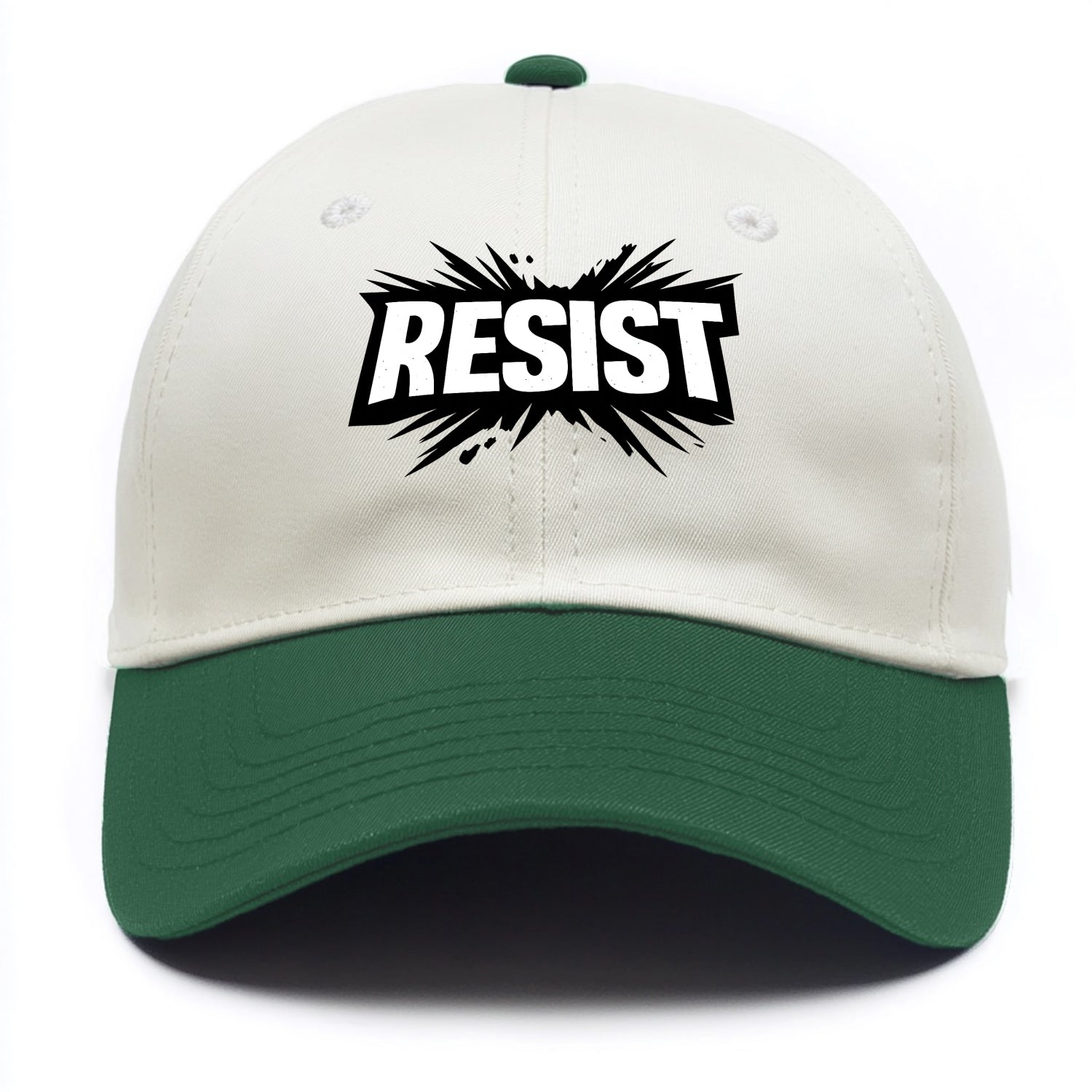 Bold typography design - "RESIST" - fighting back, standing against - Two Tone Cap - Green