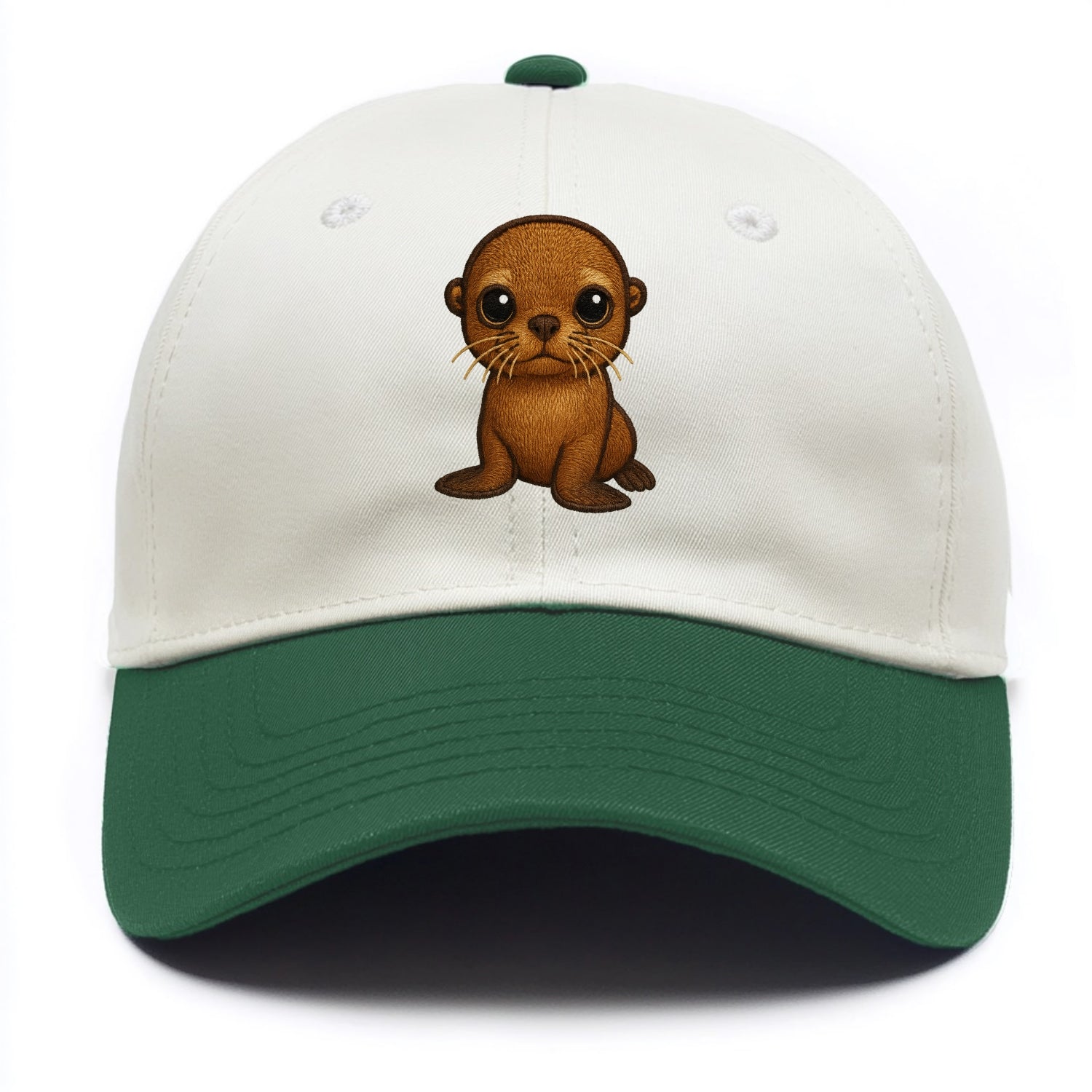Baby California Sea Lion - golden brown, large expressive eyes, whiskers, - Two Tone Cap - Green