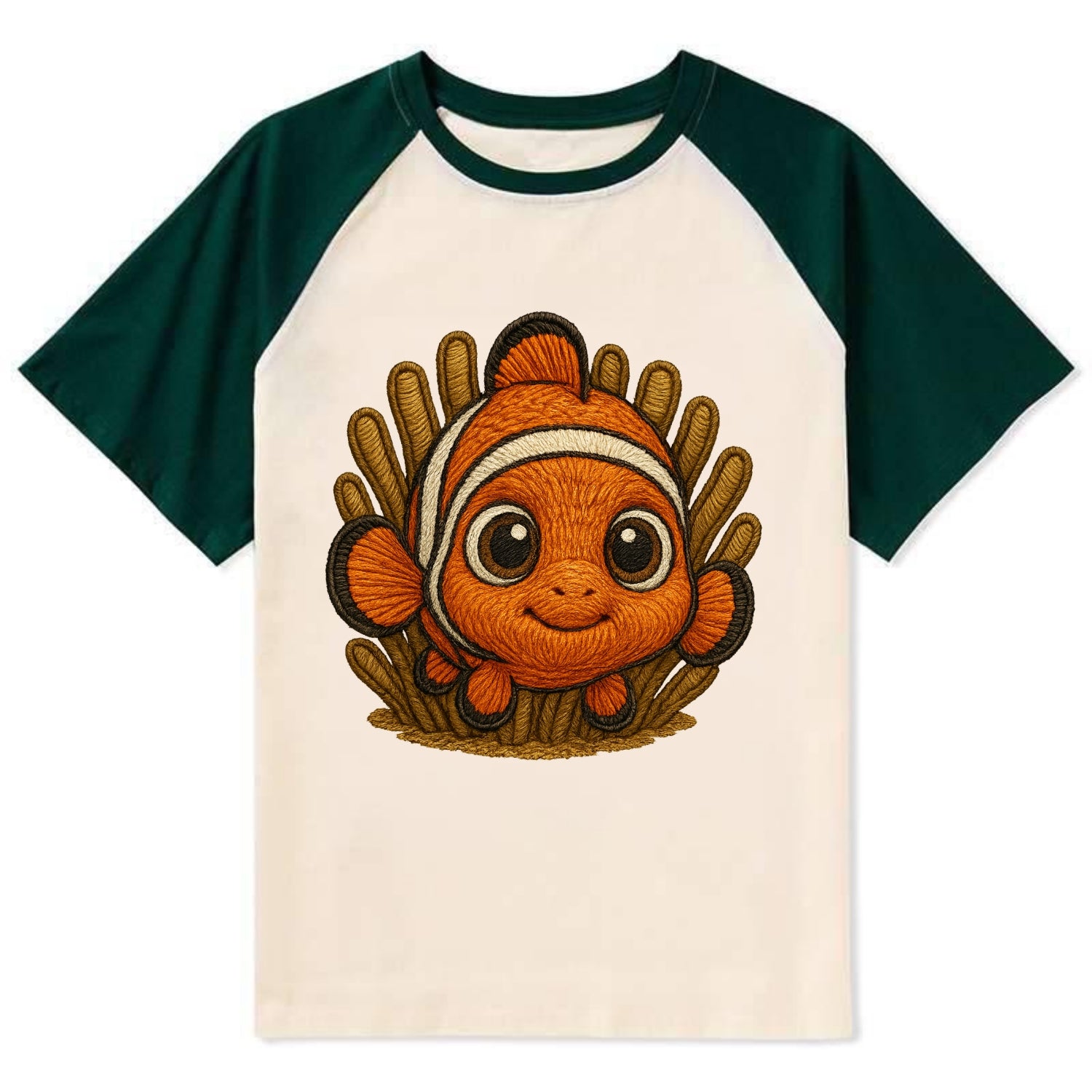 Baby Clownfish - orange with white stripes, big round eyes, front-facing - Contrast Raglan T-shirt - Green