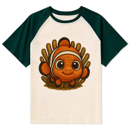 Baby Clownfish - orange with white stripes, big round eyes, front-facing - Contrast Raglan T-shirt - Green