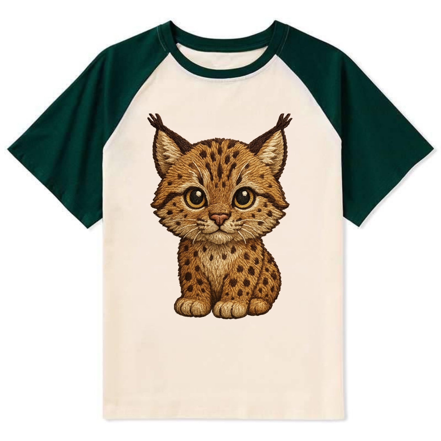Baby Lynx Cub - tufted ears, spotted fur, golden eyes, front-facing, wild - Contrast Raglan T-shirt - Green