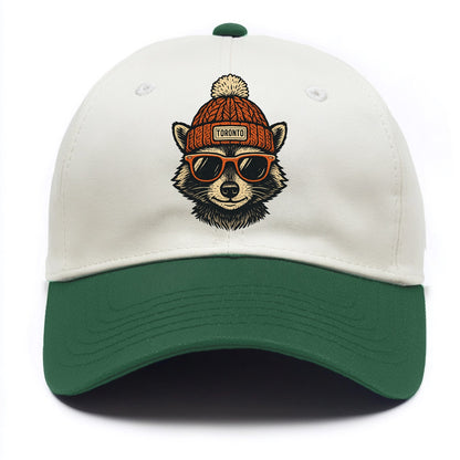 Toronto Raccoon wearing Toronto beanie with pom pom and wayfarer sunglasses - Two Tone Cap - Green